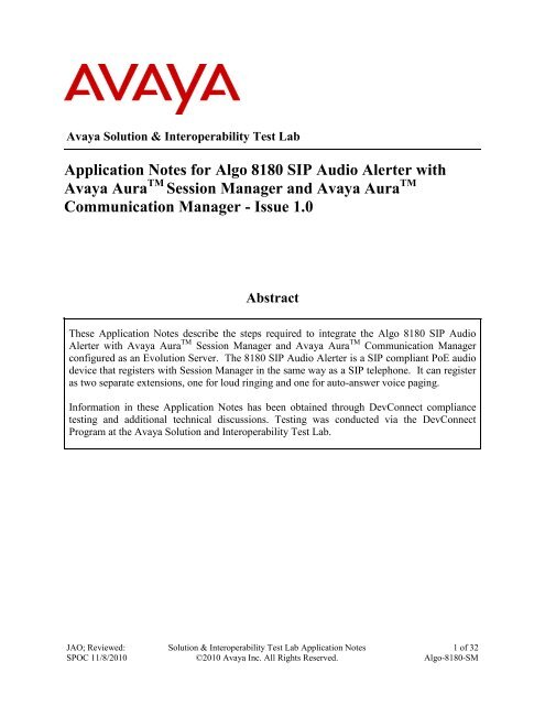 Application Notes for Algo 8180 SIP Audio Alerter with Avaya ...