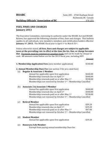 BOABC Fees, Fines & Charges - Building Officials' Association of BC