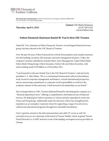 Fubon Financial Chairman Daniel M. Tsai Is New ... - CL Max Nikias