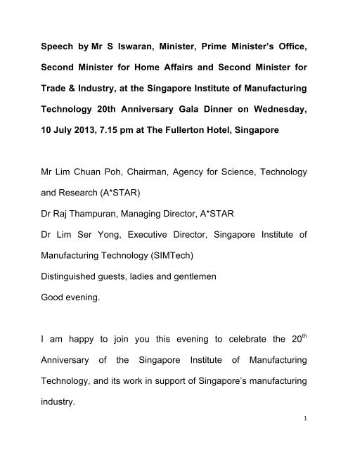 Guest-of-Honour Speech - Singapore Institute of Manufacturing ...