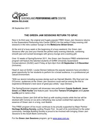 THE GREEN JAM SESSIONS RETURN TO QPAC - aappac