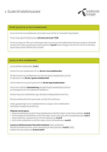 Guide till telefonsvarare - Bredbandsbolaget