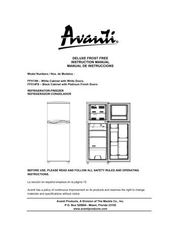 DELUXE FROST FREE INSTRUCTION MANUAL ... - Avanti Products