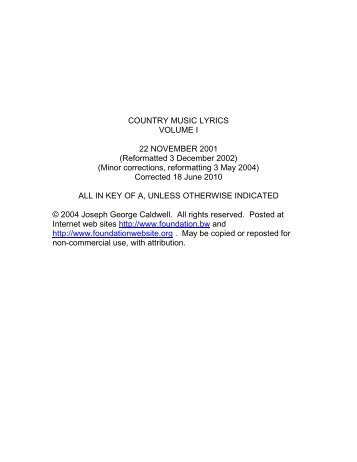 Country Music Lyrics Volume 1 - Foundation - Foundationwebsite.org