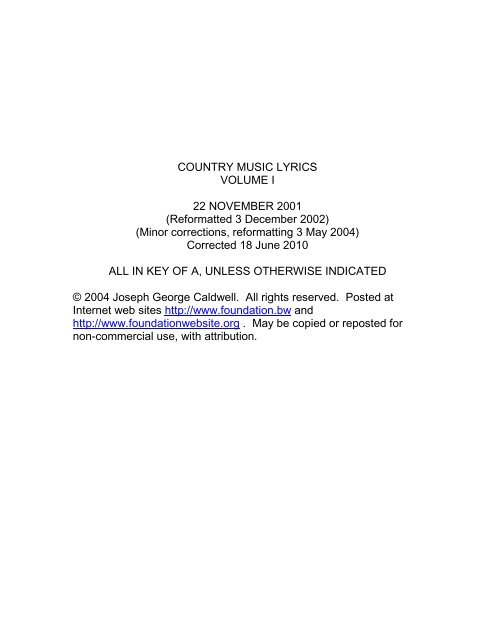 Country Music Lyrics Volume 1 Foundation