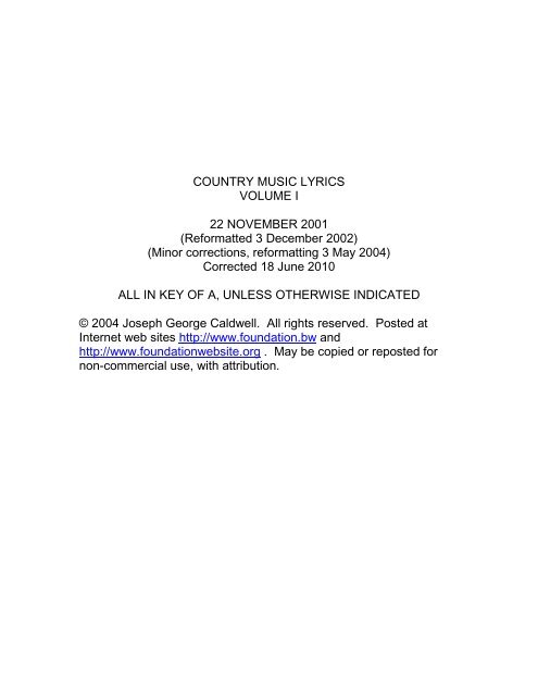 Country Music Lyrics Volume 1 - Foundation - Foundationwebsite.org