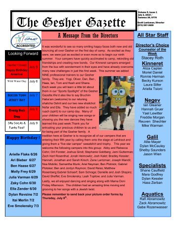 Issue 1 - July 2, 2010 - Gesher Summer Camp