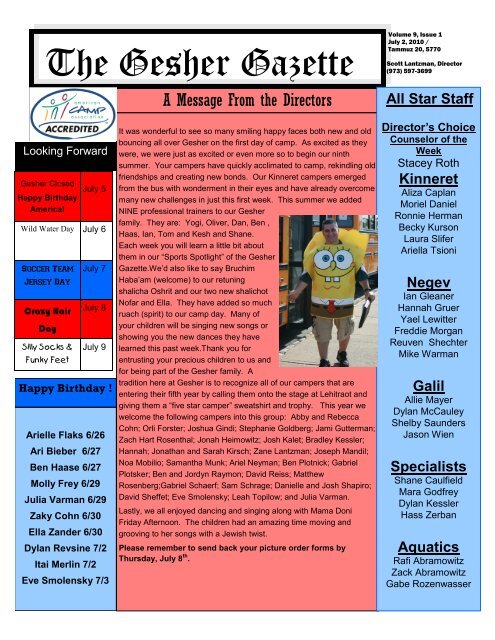 Issue 1 - July 2, 2010 - Gesher Summer Camp