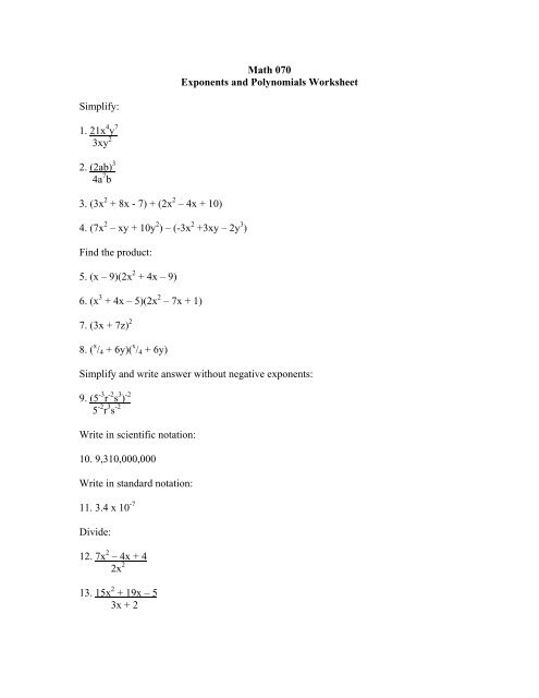 Math 070 Exponents And Polynomials Worksheet Simplify 1 21x Y