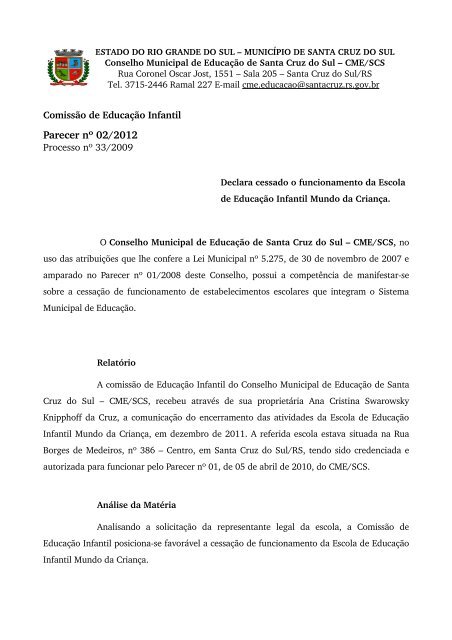 Parecer nÂº 02/2012 - Prefeitura de Santa Cruz do Sul