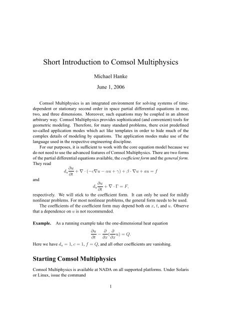 Short Introduction to Comsol Multiphysics