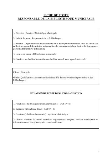 fiche de poste responsable de la bibliotheque municipale - Arpajon