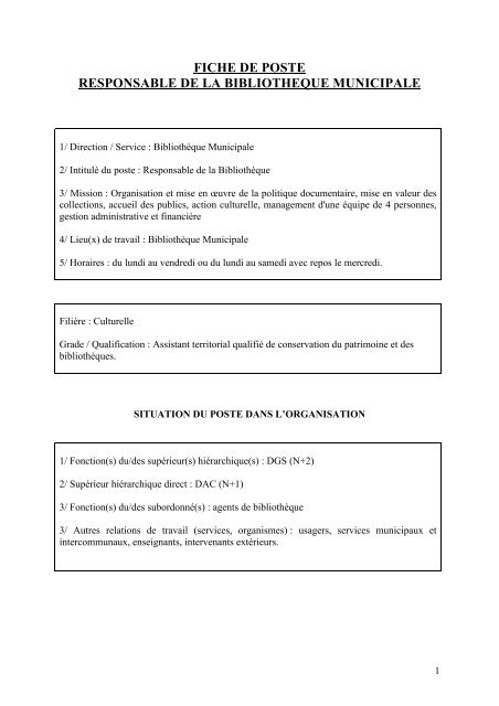 fiche de poste responsable de la bibliotheque municipale - Arpajon