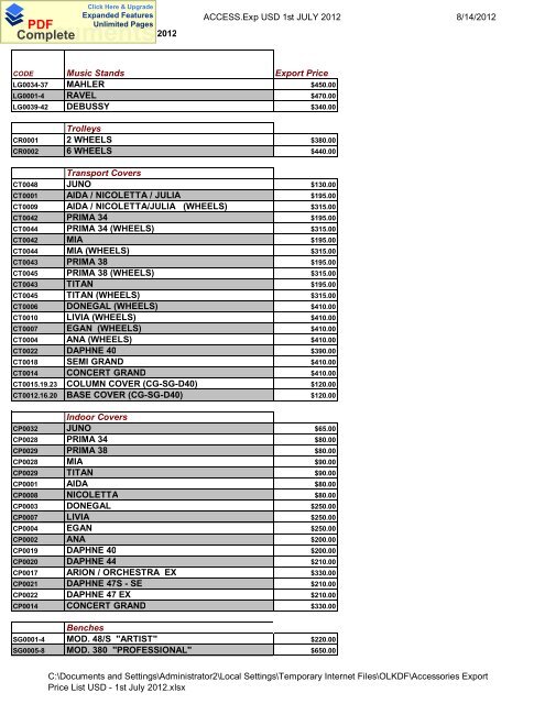 Accessory Price List Salvi Harps, Inc in USD