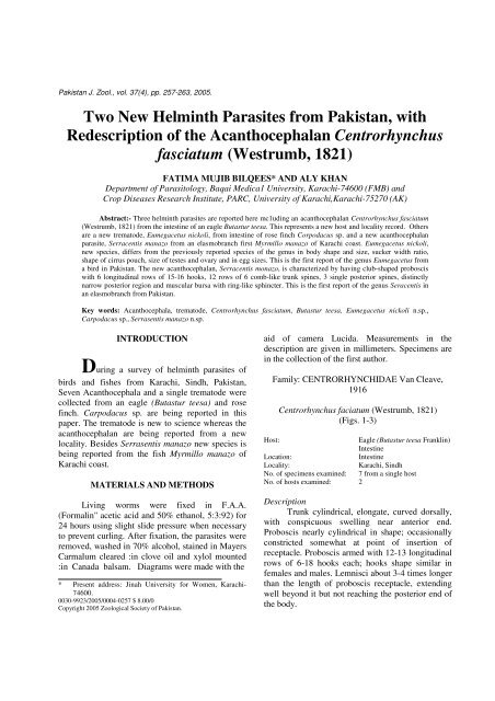 Two New Helminth Parasites from Pakistan, with ... - Zsp.com.pk