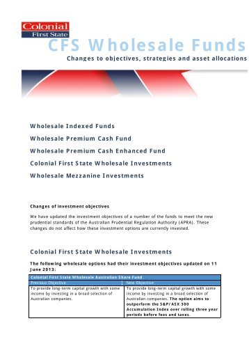 Colonial First State Wholesale Funds APRA changes