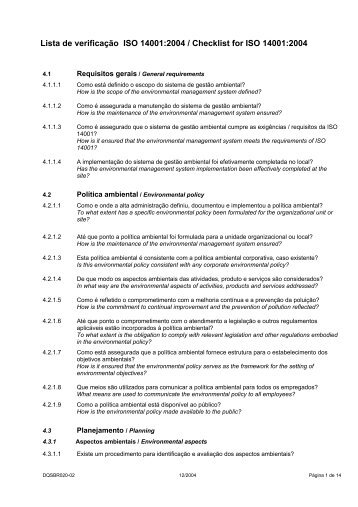 Lista de verificaÃ§Ã£o ISO 14001:2004 / Checklist for ... - Comunidades