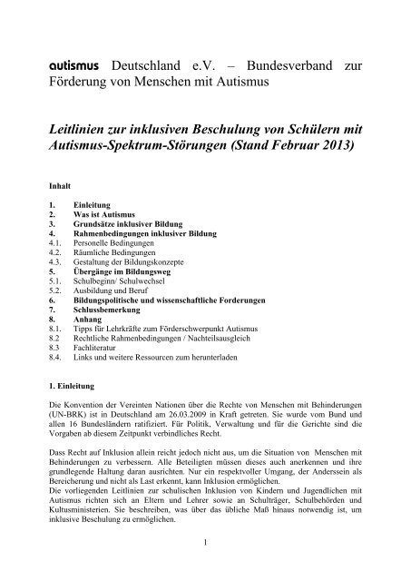 Leitlinien zur inklusiven Beschulung von SchÃ¼lern mit Autismus