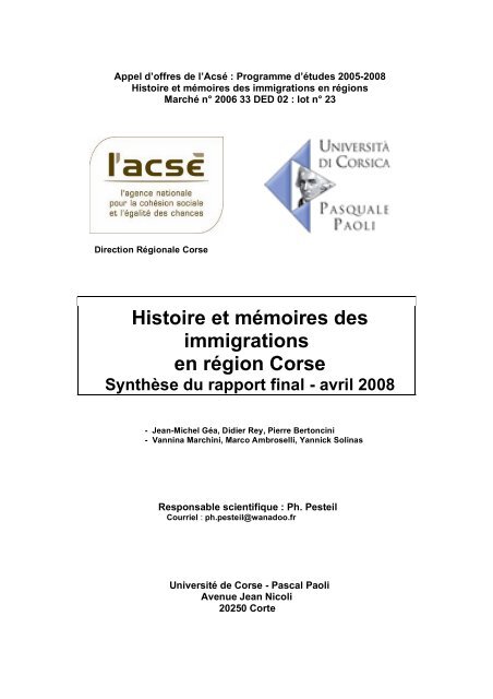 Histoire Et Memoires Des Immigrations En Region Corse I Ville