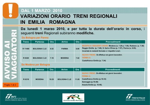 variazioni orario treni regionali in emilia romagna - Trenitalia