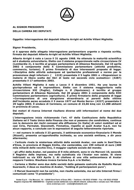 e-mail di Avatar S.p.A. del 2 febbraio 2004 - Wgov.org