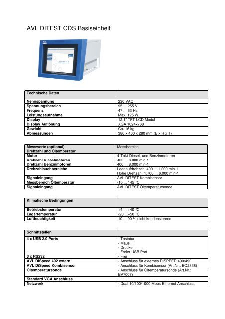 Technische Daten - AVL DiTEST