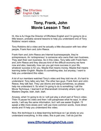 Tony, Frank, John Movie Lesson 1 Text - Effortless English