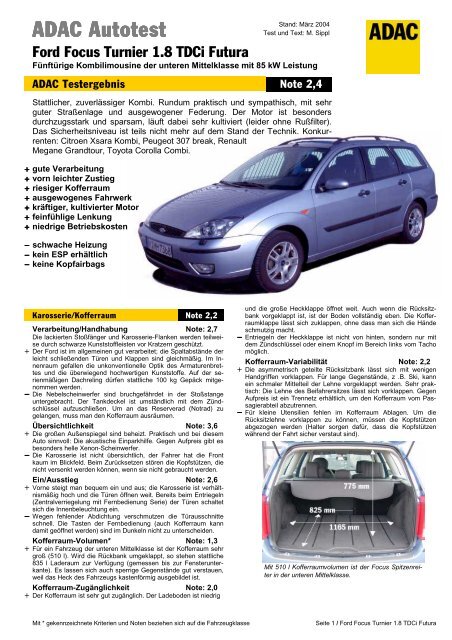 Umfassender Test Ford Focus Turnier 1 8 Tdci Futura Adac