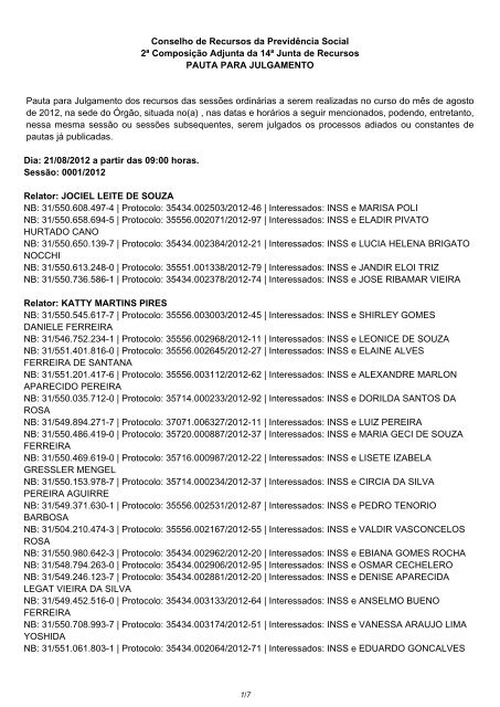 Pauta de julgamento nÂº 001 da 2Âª CA da 14Âª junta de recursos