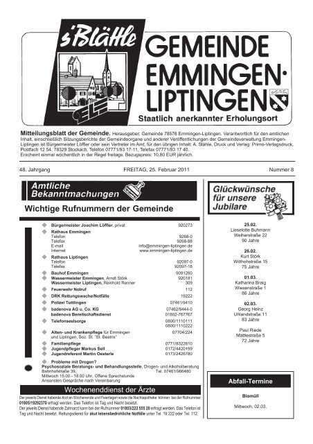 Wichtige Rufnummern der Gemeinde - Emmingen-Liptingen