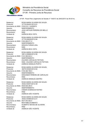 Pauta de julgamento nÂº 019 - MinistÃ©rio da PrevidÃªncia Social