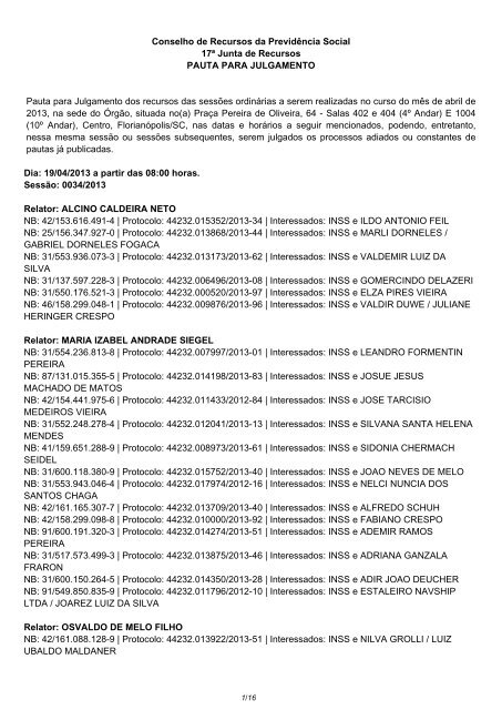Pauta de julgamento nÂº 034 a 047 E-Recurso - MinistÃ©rio da ...