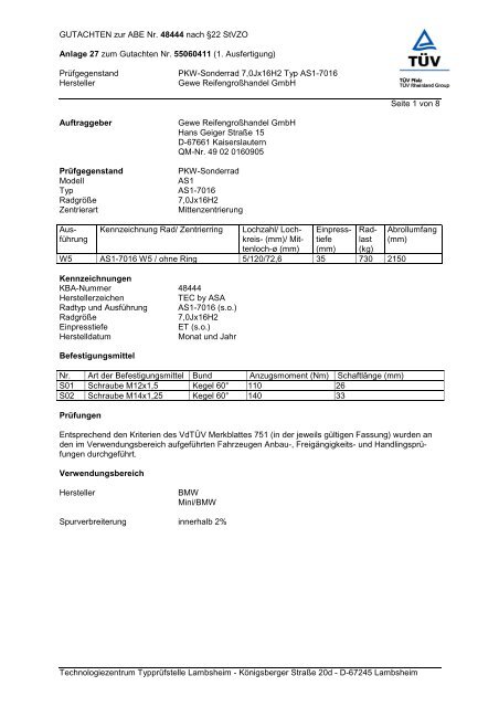 GUTACHTEN zur ABE Nr. 48444 nach Â§22 StVZO Anlage 27 zum ...