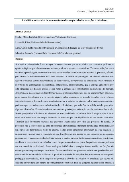 I. Simpósios Auto-Organizados - Faculdade de Psicologia e de ...