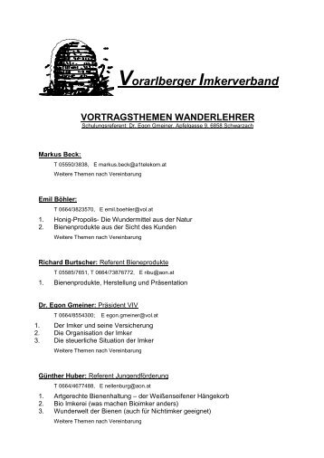 Vortragsthemen Wanderlehrer - Vorarlberger Imkerverband