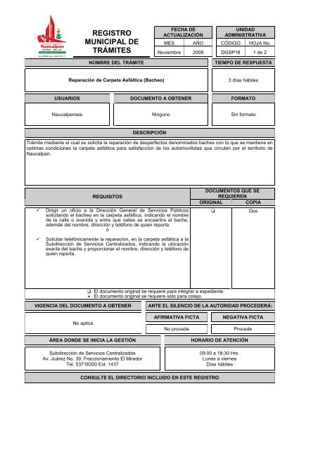 reparacion de carpeta asfaltica (bacheo) - Transparencia ...