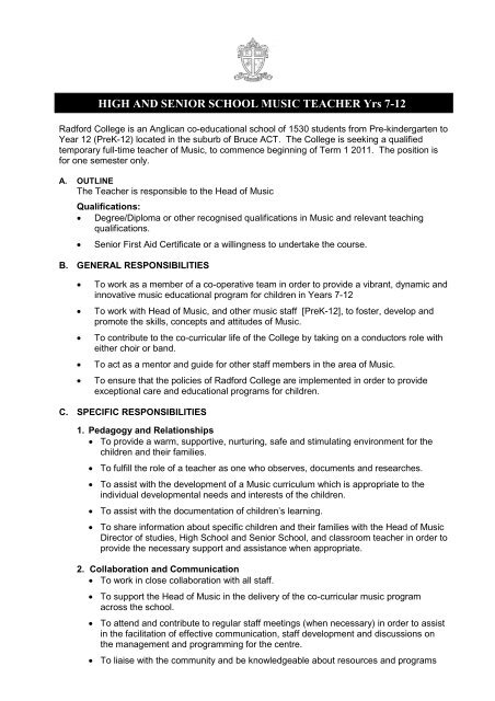 Duty Statement - Junior School Music Teacher - Radford College