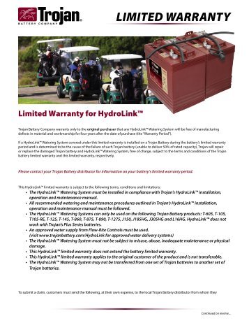 HydroLink Warranty - Trojan Battery Company