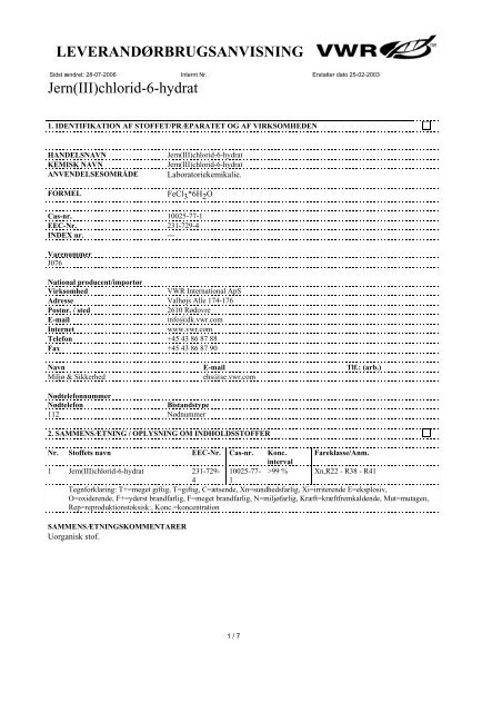 LEVERANDÃ˜RBRUGSANVISNING Jern(III)chlorid-6 ... - Frederiksen