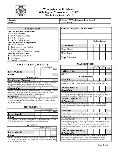 Grade 5 Report Card Draft - Wilmington Public Schools