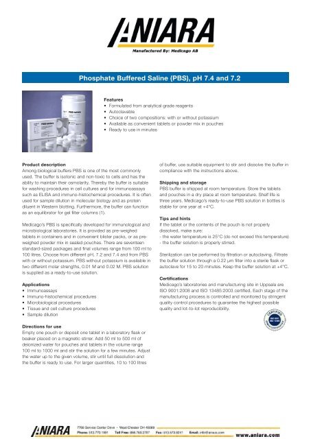 Phosphate Buffered Saline (PBS), pH 7.4 and 7.2 - Aniara