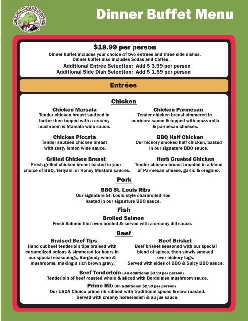 Dinner Menu Buffet - Winking Lizard Tavern