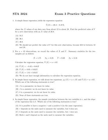 STA 3024 Exam 3 Practice Questions