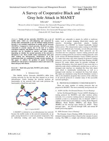 A Survey of Cooperative Black and Gray hole Attack in MANET - ijcsmr