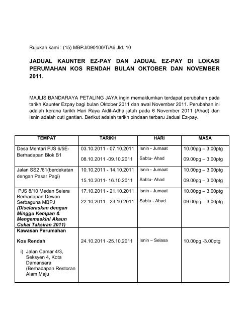 Jadual Kaunter EZY Pay - Majlis Bandaraya Petaling Jaya Aduan ...