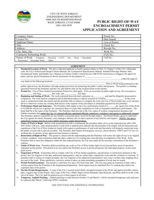 public right-of-way encroachment permit application ... - West Jordan