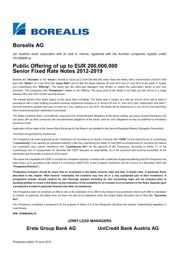 Borealis AG Public Offering of up to EUR 200000000 Senior Fixed ...