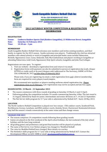 Registration Information - South Gungahlin Netball