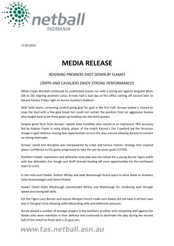 MEDIA RELEASE - Netball Tasmania