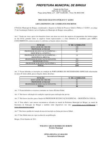 Homologação das Inscrições - Prefeitura Municipal de Birigui